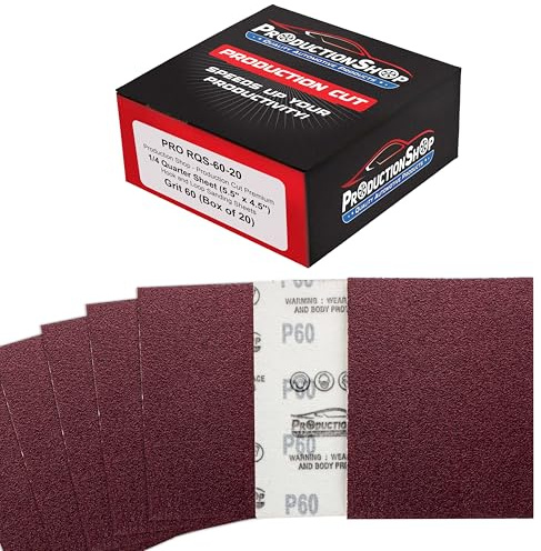 ProductionShop Premium Red 60 Grit 1/4 Sheet Size Red Sanding Sheets, Box of 20 - Hook & Loop Backing Sandpaper, Coarse-Cut Abrasive - Fits Palm Sanders, Hand Sanding Blocks - Woodworking, Auto Paint