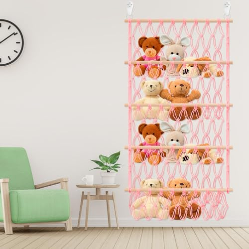 Stuffed Toy Storage Hammock 4-Layer Large Capacity Toy Storage Net Bohemian Style Hanging Toy Organizer Washable Plush Doll Holder with 2 Hooks for Kids Baby Nursery Wall Bedroom Room Decor