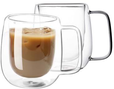 COSETOOR Double Wall Glass Coffee Mugs -8.2Oz Clear Insulated Glass Espresso Cups with Handle Mugs for Hot Beverages,set of 2 Perfect for Cappuccino Latte Americano Tea Bag (Small (2 PACK))
