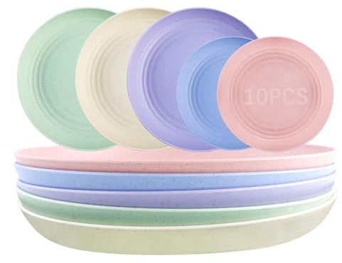 Watunid Set med 10 mattallrikar, 23 25 cm okrossbara plasttallrikar återanvändbara campingtallrikar av plast, lätt middag tallrik picknick porslin djup, plasttallrik för sallad, kaka