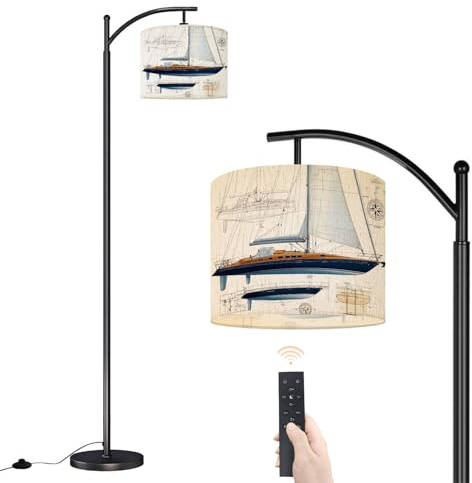 Arc Floor Lamp Coastal Navy Blue Sailboat Sails Hull Compass Rose Structural Lines Dimmable Modern Standing Lamp with Remote Adjustable Drum Shade Footswitch Tall Pole Lamp for Living Room Bedroom