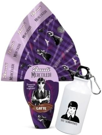 Uovo di Pasqua Mercoledì Addams 240 g finissimo cioccolato al latte + borraccia in alluminio 400 ml con moschettone idea regalo Pasqua 2025 fans mano venerdì famiglia serie tv