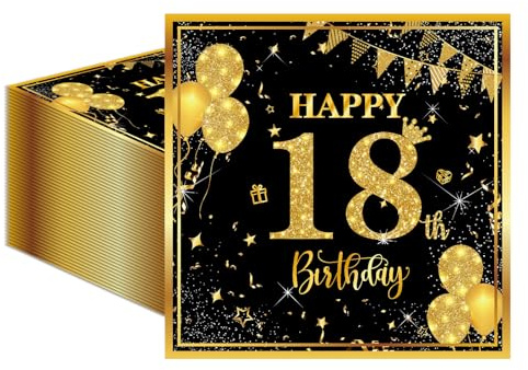 50 Stück Servietten zum 18. Birthday 33x33 cm Gold Schwarz Servietten Milestone 18 Dekorative Servietten mit Ballondruck Papier Taschentücher Taschentücher