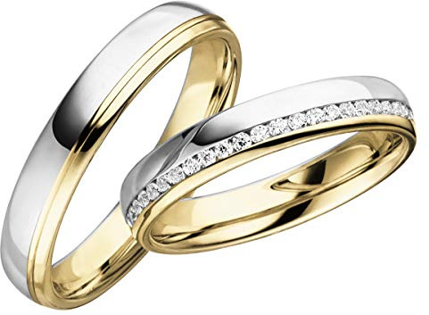 JC Trauringe Silber 925 Paarpreis Eheringe Gelbgold Weißgold Plattiert 4,0 mm breit I Partnerringe mit Gravur in edler Schatulle I 2 Hochzeitsringe Herrenring ohne & Damenring mit Steinen I LCC125