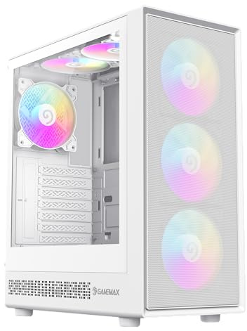 GAMEMAX Storm 2 WH Mid-Tower ATX PC-hölje, vit, meshfrontpanel, sidopanel av härdat glas med skjutdörr, 6 x 120 mm ARGB-fläkt förinstallerad, Aura Sync, ATX Mid-Tower PC-fodral för spel