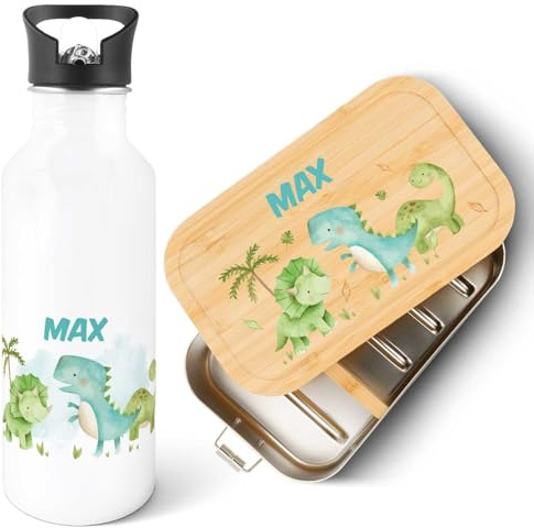 GRAVURZEILE - Bedruckte Trinkflasche & Brotdose Set - Dino - Personalisiert mit Namen - Edelstahl Trinkflasche 600 ml, Brotdose mit Deckel - Geschenk zur Einschulung für Jungen & Mädchen