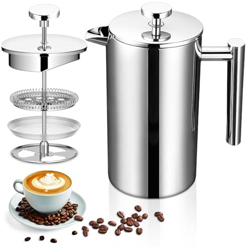 Druuzyl French Press Kaffebryggare i Rostfritt Stål 1 000 ml Dubbelväggig Isolerad Kaffepress Kaffebryggare Filter för Hemmakontor och Resor