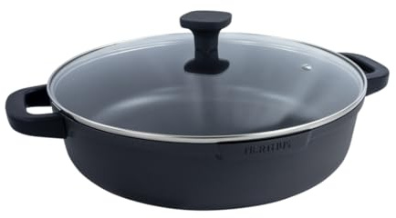 Nerthus FIH 1559 casseruola bassa in alluminio pressofuso con rivestimento antiaderente quantanium adatta a induzione gas e vetroceramica coperchio in vetro con valvola e manici in silicone removibili