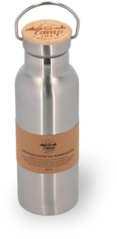 Camplife Edelstahl Trinkflasche mit Bambusdeckel | Doppelwandige Thermosflasche für kalte & heiße Getränke | Wasserflasche auslaufsicher & robust | Perfekt für Camping, Outdoor & Alltag (600 ml)