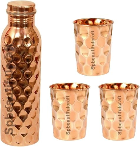 HRS India - Botella de agua de cobre puro diamante de 950 ml, 3 vasos de vidrio de 300 ml, salud ayurveda