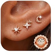 Finrezio 3 Paar Medizinische Ohrstecker Silber 925 Damen Hypoallergene | Ohrringe Stecker Stern Mond Klein Mini Flatback Ohrstecker mit Flachem Verschluss Piercing Ohr Schmuck Gold/Silber/Rosegold