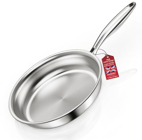 gaobaidu 3 Layer Stainless Steel Frying Pan，Fast & Even Heat,Uncoated Stainless Steel,All Cooktops Compatible Up to 400℃ (24CM ko1)