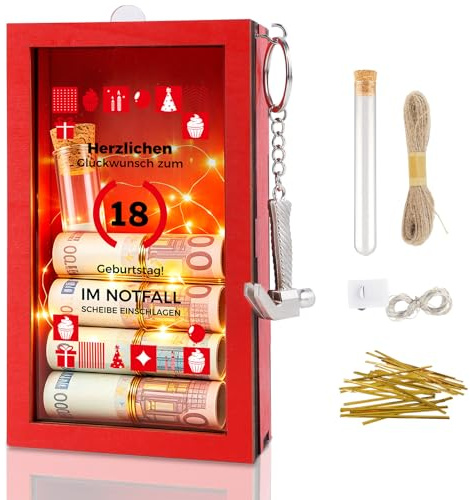 LED Geldgeschenke 18.Geburtstag LED Lustige Notfallbox, Personalisierte Geldgeschenk Box mit Hammer, Deko Holzkiste in Rot, Kreative DIY, Feuerwehr Geschenke für Junge, Mädchen und Freunde