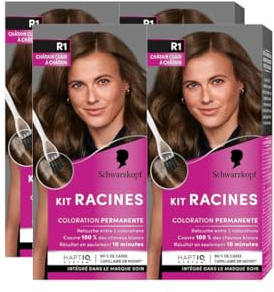 Schwarzkopf - Kit Racines - Coloration Permanente - Enrichie d’une huile nourrissante - Couverture Cheveux Blancs - Retouche entre 2 Colorations - Châtain Clair à Châtain R1 - Lot de 4