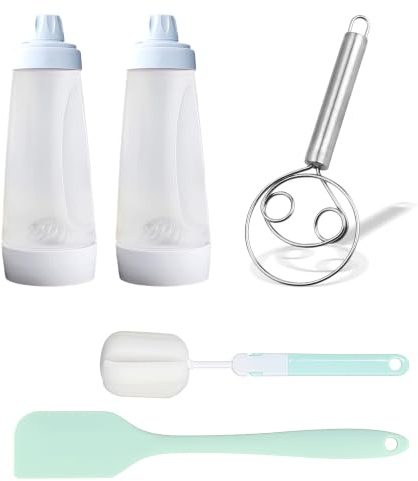 Domefahaso Degdispenser set 2 stycken 1 000 ml, pannkaksflaska med visp, silikonspatel och rengöringsborste för pannkakor muffins våfflor
