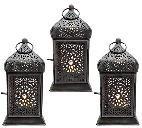 Laterne Metall Teelicht Orientalisch Zum Stellen und Hängen (Schwarz Set/3)