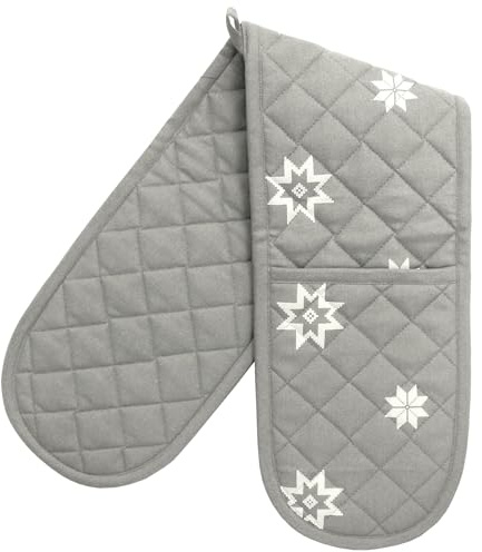 Double Oven Gloves - 84 cm x 18 cm x 1 cm, 1-Piece Oven Mitts for Cooking & Baking - Cotton, Machine Washable at 30° - Kitchen Essentials by Ragged Rose - (Grey Christmas Star)