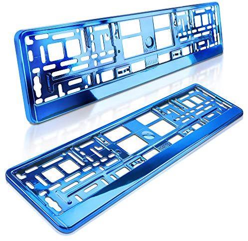 2 Kennzeichenhalter | Blau Metallic Hochglanz | Nummernschildhalter | Chrom Look | Kennzeichen-Halterung | Nummernschild-Halterung | Auto-Schilder Befestigung | Auto-Kennzeichen Rahmen