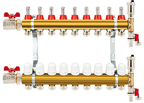 Messing Heizkreisverteiler 2-12 fach Fußbodenheizung Verteiler Heizkreise (9 Heizkreise)