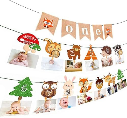 JeVenis Woodland First Year Fotobanner Wild One First Birthday Party Dekoration Waldtier 12 Monate Banner
