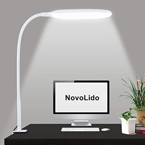NovoLido - 10W Lampe de Bureau LED avec Pince, Lampe de Table Flexible à 360 ° avec 3 Modes de Couleur et Gradation en Continu, 3000-10000K, CRI ≥ 90, Protection des Yeux, Fonction Mémoire (Blanc)