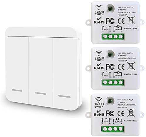 DieseRC Mini Wireless WiFi Switch, 2500W 10A RF Relay Remote Control 3 Recievers with 1 Wireless Wall Switch, Smart Control by Phone Via Tuya APP, Compatible with Alexa/Google Home