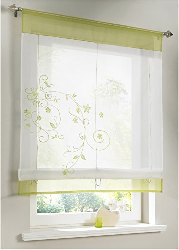 Devola Raffrollo Transparente Voile Raffgardinen Blumenmuster Stickerei Gardine mit Tunnelzug Rollo Moderne Gardine Dekoration Vorhänge BxH 60x120cm Grün 1er Pack