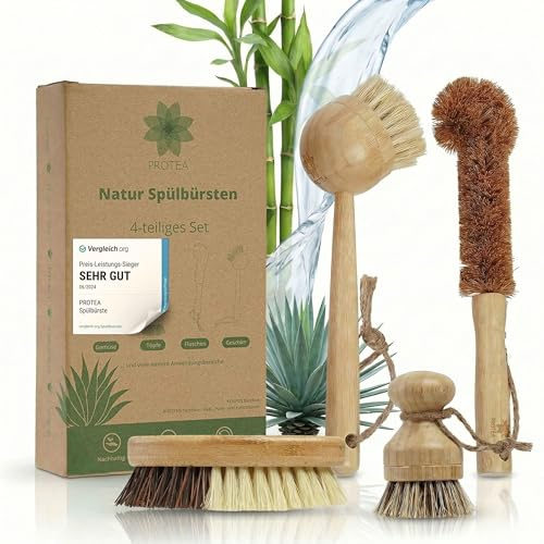 PROTEA Spülbürste mit Ersatzköpfen (4er Set) - nachhaltige Geschirrbürste - wiederverwendbar - aus Bambusholz und Naturfiber - Bürsten auswechselbar - Naturborsten