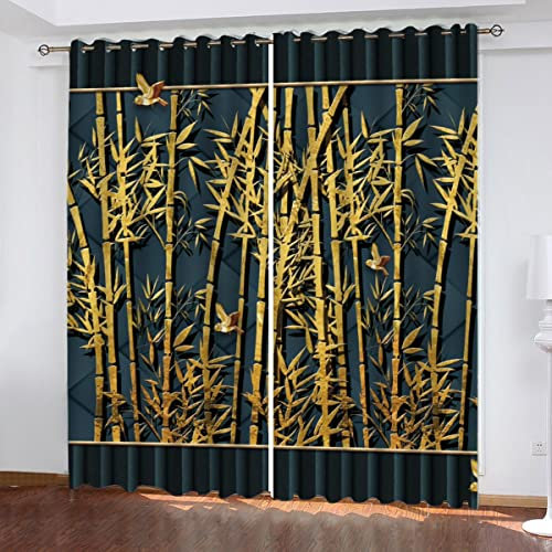 Abstrakter Bambus Vorhang Blickdicht B 183 X H 214 cm Goldener Vogel Gardinen mit ösen Polyester Schallschutz Vorhänge 2er Set für Jungen Mädchen Wohnzimmer Schlafzimmer Home Dekoration