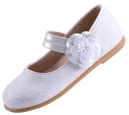 EIGHT KM Scarpe da Bambina Piccola Mary Jane Principessa da Sposa Ballerine EKM7063 Scintillante Luccichio Fiore Camelia Cuore Bianca EU Taglia 26