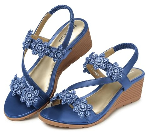 TEMOFON Wedge Sandals for Women Dressy: Summer Elastic Ankle Strap Open Toe Comfortable Flower Bohemian Sandals - Low Wedge Dark Blue Size 8