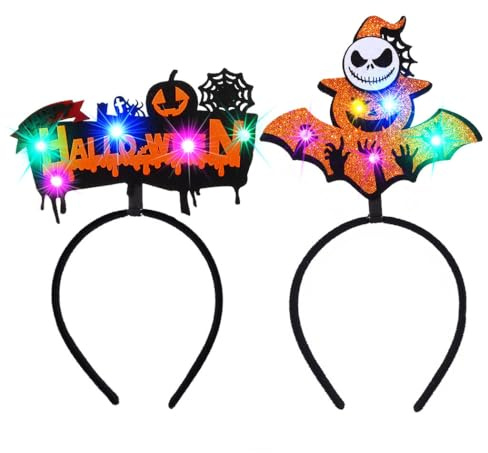 Zoestar LED-Halloween-Stirnbänder, leuchtendes Stirnband, Kürbis, schwarze Katzen-Haarreifen, Spinnennetz, Geister-Party-Kostüm, Haarschmuck für Damen und Mädchen, 2 Stück