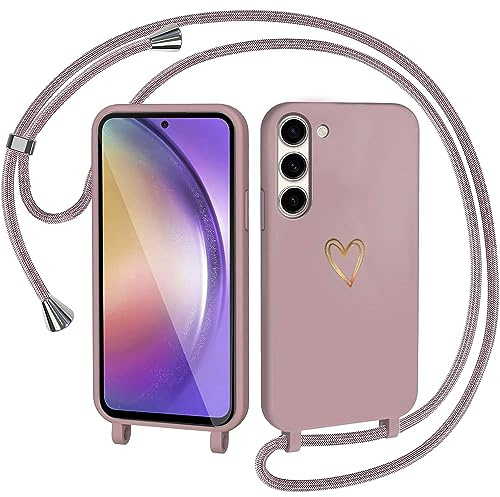 CaseLover Handyband für Samsung Galaxy S23 5G Hülle mit Band, Pink | Herz Muster, Silikon Necklace Handyhülle mit Abnehmbar Kordel zum Umhängen, Stossfest Bumper Handy Schutzhülle Case