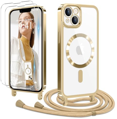 Ethanger für iPhone 13 iPhone 14 Hülle mit Band + 2 Schutzfolie, Gold | Handyband Transparent Silikon Handyhülle, Magnetische Schutzhülle Case zum Umhängen Kordel