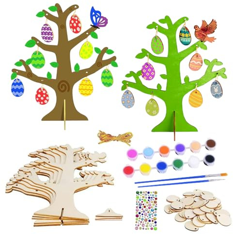 Aurasky Ostereierbaum Bastelset, 6 Sets Ostern Basteln Kinder, Ostereier zum Bemalen, Osterbaum Holzschmuck zum Basteln, Osterdeko zum Aufhängen für Ostern Frühling Mädchen Junge