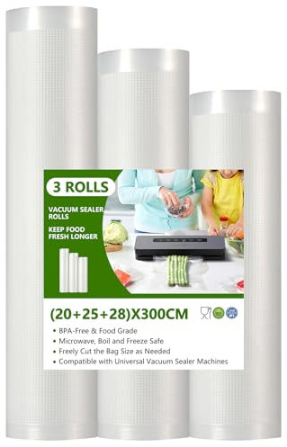 Diboniur Sacchetti Sottovuoto per Alimenti, 3 Rotoli Buste Sottovuoto Alimenti 20/25/28x300cm, Goffrato Sacchetti Sottovuoto per Macchina Sottovuoto e Cottura Sous Vide