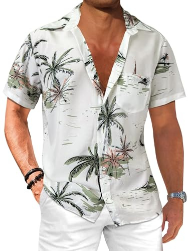 Comdecevis Men's Hawaiian Floral Shirts Short Sleeve Button Down Tropical Summer Beach Shirts Coconut Tree White X-Large
