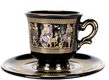 Juego de 6 tazas de café de porcelana con platillos, diseño de dioses griegos antiguos, color negro y dorado