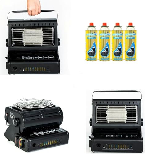 2 In 1 Camping Heater & Stove – Butane Gas Powered Portable Tent Cooker With Carry Handle, Safety Grill, Auto Ignition For Caravan, Fishing, Hiking & Outdoor (with 4 Gas)