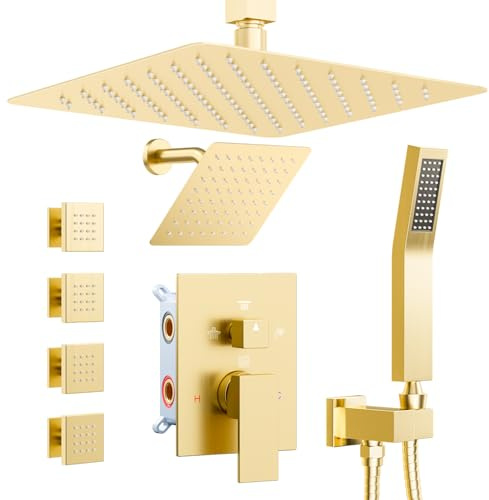 Shower Systems with 4 Body Spray Jets, STARBATH 4 Way 12+6 Rainfall Shower Head with Handheld Combo, Ceiling Mounted Shower Jets System in Wall Shower Faucet Sets Complete,Brushed Gold