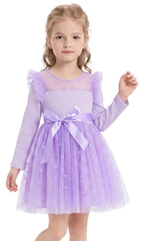 Miipat Abitini Bambina Abiti Bambine e Ragazze Maniche Lunghe Gonna a Punti di Polka Vestiti Principessa Festa Compleanno Abito in Tulle Matrimonio Vestito per Bambina