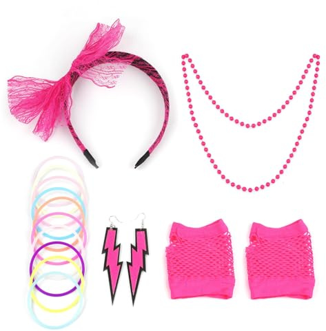 80er Jahre Outfit Damen Accessoires 16PCS 90er 80er Jahre Accessoires 80er Jahre Kleidung Damen Set mit Netzhandschuhe,Stirnband,Halskette,ecc. Kleidung Kostüm Neon Accessoires Party Karneval (Rosa)