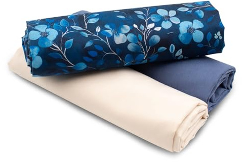 VmG-Store 1,5m Baumwollstoff Set Designstoff + 2x Uni farblich abgestimmt 100% Baumwolle Material Auswahl (Strauchblumen Cobalt Set46)