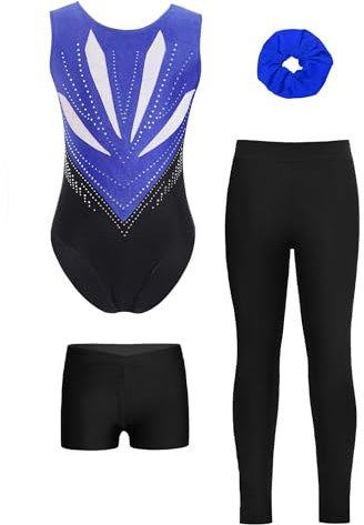 Yruioon Flicka gymnastikdräkt glitter gymnastikdräkt 4 delar ärmlös gymnastik leotard med byxor shorts hårband gymnastik jersey konkurrens danskostym, blå svart, 134-140