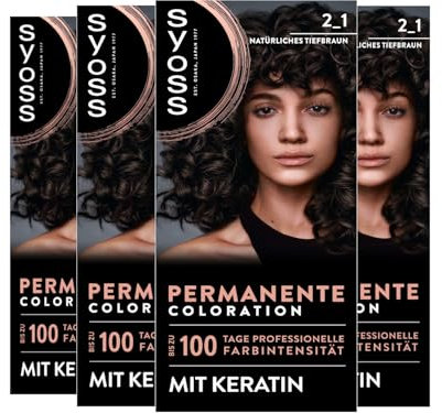 SYOSS Coloration 2_1 Natürliches Schwarzbraun (4x 115 ml), permanente Coloration mit Keratin verleiht bis zu 100 Tage professionelle Farbintensität, 100% Grauabdeckung