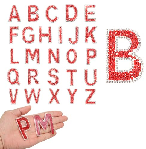 QUARKZMAN 26 Stück Strass-Buchstaben-Bügelflicken, A-Z Selbstklebende Glitzernde Strass-Alphabet-Buchstaben-Aufkleber-Applikationen für DIY-Jacken, Hüte, Kleidung, Rucksäcke, Rot