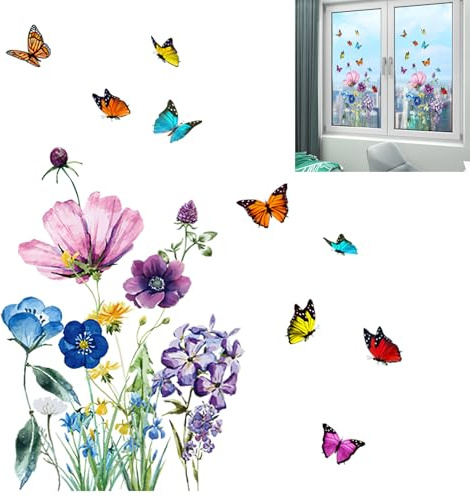 Vetrofanie Primavera Adesivi per Finestre Riutilizzabili con Farfalle e Fiori Primaverili, Statici Autoadesivi Finestre, Fiori Adesivi per Vetri Decorazione Vetrina, Soggiorno, Bagno 27x45 cm