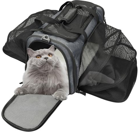 Zavothy Sac Transport Chat Chien, Sac Transport Respirant et Pliable, Caisse de Transport Chat avec Bandoulière Réglable, Matelas en Peluche Amovible (Gris, X-Large)