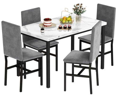 HOOSENG Dining Table Set for 4,Faux Marble Kitchen Table and Chairs Set of 4, Modern Dining Room Set for 4,Dinner Table Set with Velvet Chairs, Dining Set for Small Spaces,White & Grey