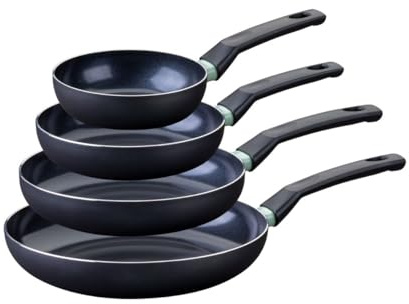Fackelmann 9429750 Pfannen-Set, 4-teilig, antihaftbeschichtet, Keramikbeschichtung, 16, 20, 24 und 28 cm, PFAS-freie Pfanne, Alu-Pfanne, Allherdpfanne, Induktion, Aluminium, Schwarz, Grün, 16, 20, 24